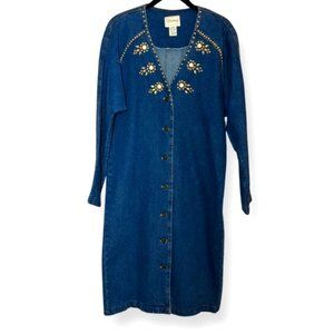 Vintage 90s Bedazzled Long Sleeve Denim Jean Midi Dress with V-Neck